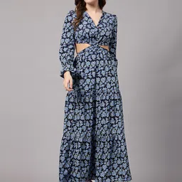 aayu Floral Printed Cuffed Long Sleeve Crepe Fit & Flare Maxi Dress-image-10