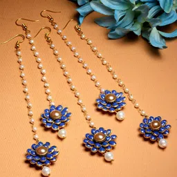 ZENEME Set of 5 Gold-Plated Stones Studded and Beaded Floral Maang Tikkas-picture-8