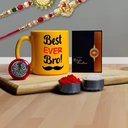 DeoDap Unisex Rakhi Gift Set with Silver Coin, Best Ever Bro Mug & Greeting Card-image-85