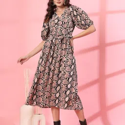 STYLECAST X KASSUALLY Animal Print Bishop Sleeve Georgette Fit & Flare Midi Dress-picture-58