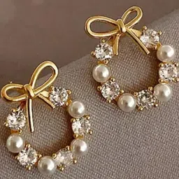 DN ENTERPRISES Gold-Plated Artificial Beads & Stones Studded Bow-Shaped Studs-picture-23
