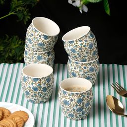 Myntra Elegant Homes Green & Blue Handcrafted Printed Ceramic Matte Kulladhs Set of Cups and Mugs-16