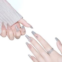 Coslifestore Set Of 24 Artificial Press On Nails With Stone Design -Silver Ombre-1