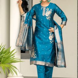 Twika Floral Printed Jacquard Straight Kurta With Trousers & Dupatta-image-7