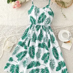 White World Girls Tropical Printed Shoulder Straps Fit & Flare Dress-picture-35