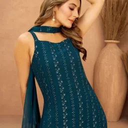 PARROT CREATION Women Embroidered Regular Sequinned Kurti with Palazzos & With Dupatta image 4