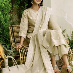 SANISA Women Beige Cotton Blend Kurta Sets-picture-3