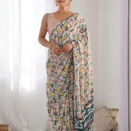 Munir Abstract Printed Mirror Work Pure Georgette Saree-32