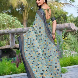 PHEASANT Geometric Printed Pure Linen Saree image 4