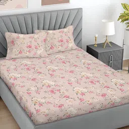 FABINALIV Peach-Coloured & White Floral 300 TC King Bedsheet with 2 Pillow Covers-12