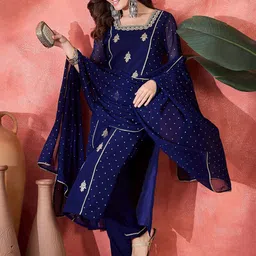 Sangria Women Zari Sequence Thread Embroidered Straight Kurta With Trousers & Dupatta-12