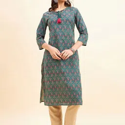 NEESH Floral Printed Printed Tie-Up Neck Pure Cotton Straight Kurta-picture-19