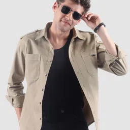 Beyoung Men Beige Shoulder Flap Regular Fit Pocket Detailing Cotton Shirt-image-31