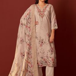 Indo Era Women Floral Embroidered Linen Kurta with Trousers & Dupatta-18