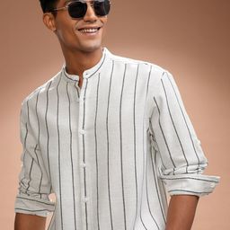 HIGHLANDER Men Comfort Relaxed Fit Band Collar Vertical Striped Cotton Casual Shirt-picture-3