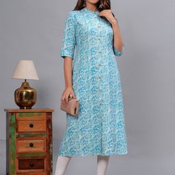 Mishree Collection Floral Printed Mandarin Collar Roll-Up Sleeves A-Line Kurta-image-34