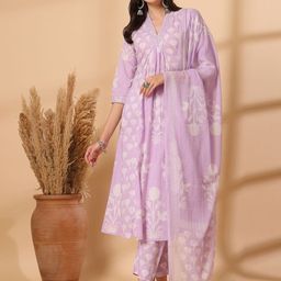 Shangri LA MS Designs Women Floral Embroidered Regular Mirror Work Pure Cotton Kurta with Trousers & With-15