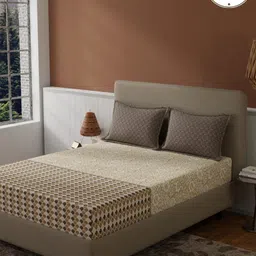 Bichauna Beige & Brown Ethnic Motifs Printed 120 TC Single Bedsheet Set 2.24 m x 2.40 m-picture-3