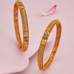 Kushal's Fashion Jewellery Set Of 2 Gold-Plated Ruby-Studded Ethnic Antique Bangles-12