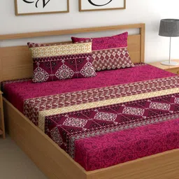 CG HOMES Maroon & Yellow Ethnic Motifs 210 TC Queen Bedsheet with 2 Pillow Covers-picture-47
