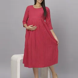 Mammas Maternity Women Striped Cotton Fit and Flare Midi Dress-image-13