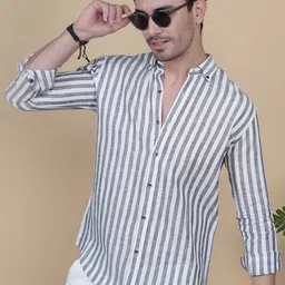 ALMATY Men Comfort Fit Vertical Striped Mandarin Collar Linen Casual Shirt-image-91