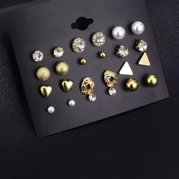 PolluxCraft Set of 12 Gold-Plated Stones Studded And Beaded Circular Shaped Korean Studs-14