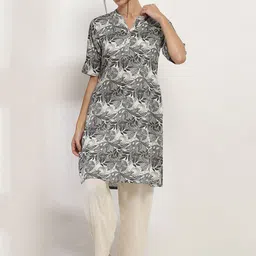 Rangriti Floral Printed Mandarin Collar Cotton Straight Kurta-image-53
