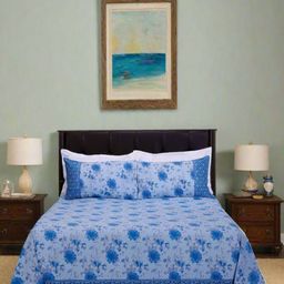 SHAHENAZ Blue & White Floral Cotton 120 TC Super King Bedsheet Set-2.7 m X 2.7 m-image-26