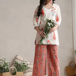 Khushal K Floral Printed Cotton V-Neck Tunic With Palazzo Co-Ords-picture-42