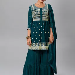 SANCIA Women Ethnic Motifs Embroidered Pleated Thread Work Kurti with Sharara & With Dupatta-image-35
