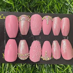 AMOK STORE Set Of 12 Stick On Artificial Nails With Small Filer & Nail Glue - Pink & Gold-39