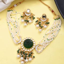 Silvermerc Designs Gold Plated Kundan Studded & Beaded Necklace & Earrings-picture-30
