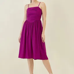 aayu Women Shoulder Straps Pleated Fit & Flare Smocked Midi Dress-image-77