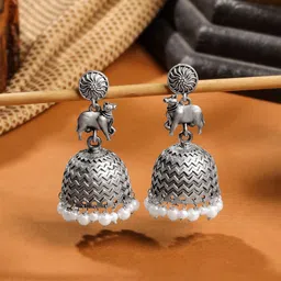 Yellow Chimes Oxidised Silver-Plated Dome Shaped Jhumkas-image-40
