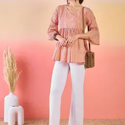 Sangria Stripped V-Neck Bell Sleeves Cotton Tunic-image-72