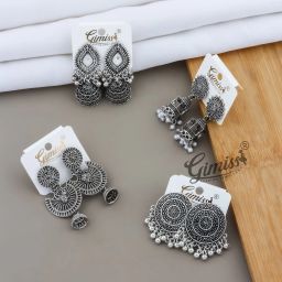 Oxidised Silver Traditional Earring Combo–Designer Jhumka and Afghani Style Silver Earring Set-image-22