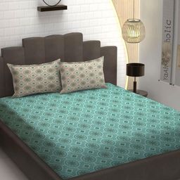 YaAkholic Green & White 210 TC Queen Bedsheet with 2 Pillow Covers-image-40