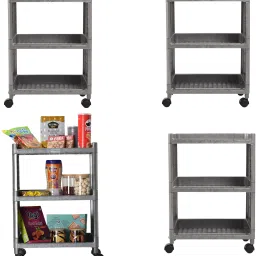 Pack of 4 Multipurpose 3-Layer Storage Trolley Rack with Wheels | Grey Plastic Kitchen Trolley-4