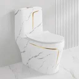 C08 Premium White Marble commode with Yellow Finishing Line and Round Flush Button Western Commode-image-7