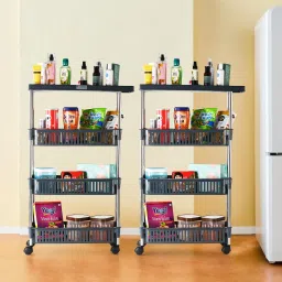 Pack of 2 Multipurpose Slim (4-Layer) Storage Rack with 360 Degree Wheels | Gray Plastic Kitchen Trolley-image-61