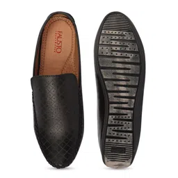 FAUSTO Men Black Textured Stitched Block Design Pattern Back Open Loafers image 2