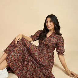 jash creation Women Fit and Flare Brown Midi/Calf Length Dress-picture-16