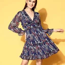 Berrylush Floral Print Bishop Sleeve Layered Chiffon A-Line Mini Dress-15
