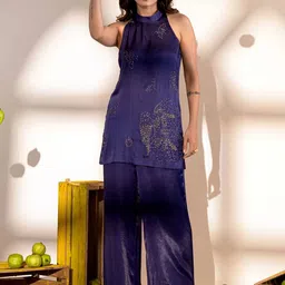 AMROOD Floral Embroidered Satin Top with Palazzo-image-4