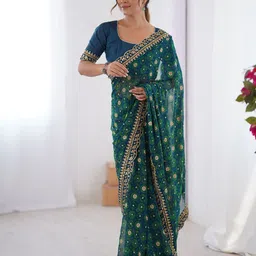 Thishma Floral Printed Sequinned Embroidered Pure Chiffon Saree-picture-14