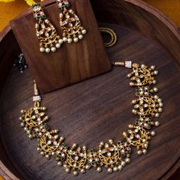 StileAdda Gold Plated Stone Studded & Pearls Beaded Necklace Set-57