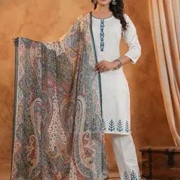 Span Floral Yoke Design Thread Work Pure Cotton Straight Kurta With Trouser And Dupatta-9