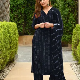 GoSriKi Bandhani Printed V-Neck Straight Kurta WIth Trousers & Dupatta-48