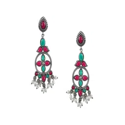 Sangria Silver-Plated Artificial Stones Studded Geometric Shaped Oxidised Drop Earrings image 2